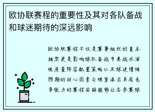 欧协联赛程的重要性及其对各队备战和球迷期待的深远影响